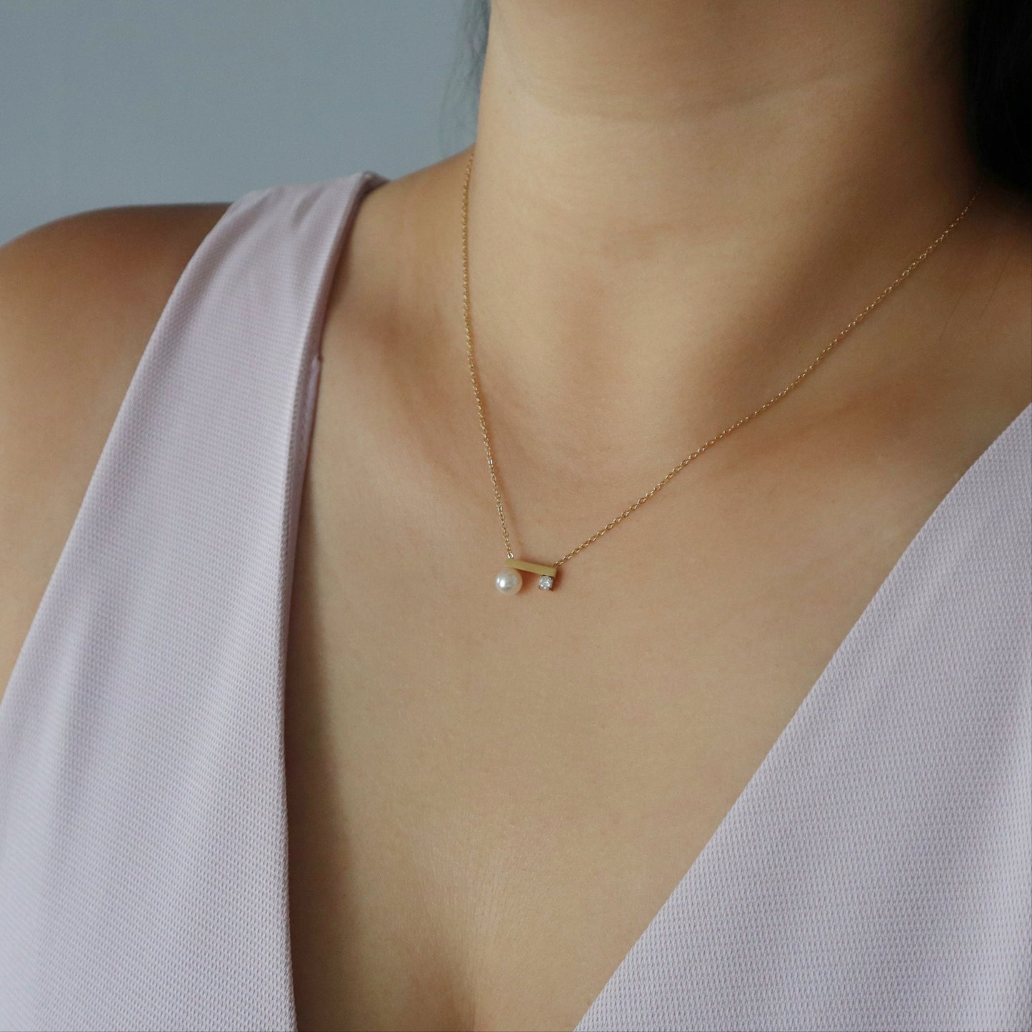Pearl and CZ Bar Necklace | Dainty Everyday Necklace