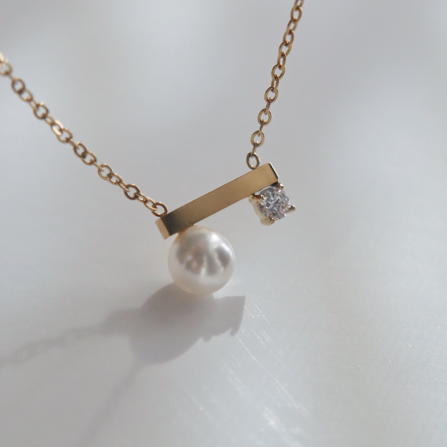 Pearl and CZ Bar Necklace | Dainty Everyday Necklace