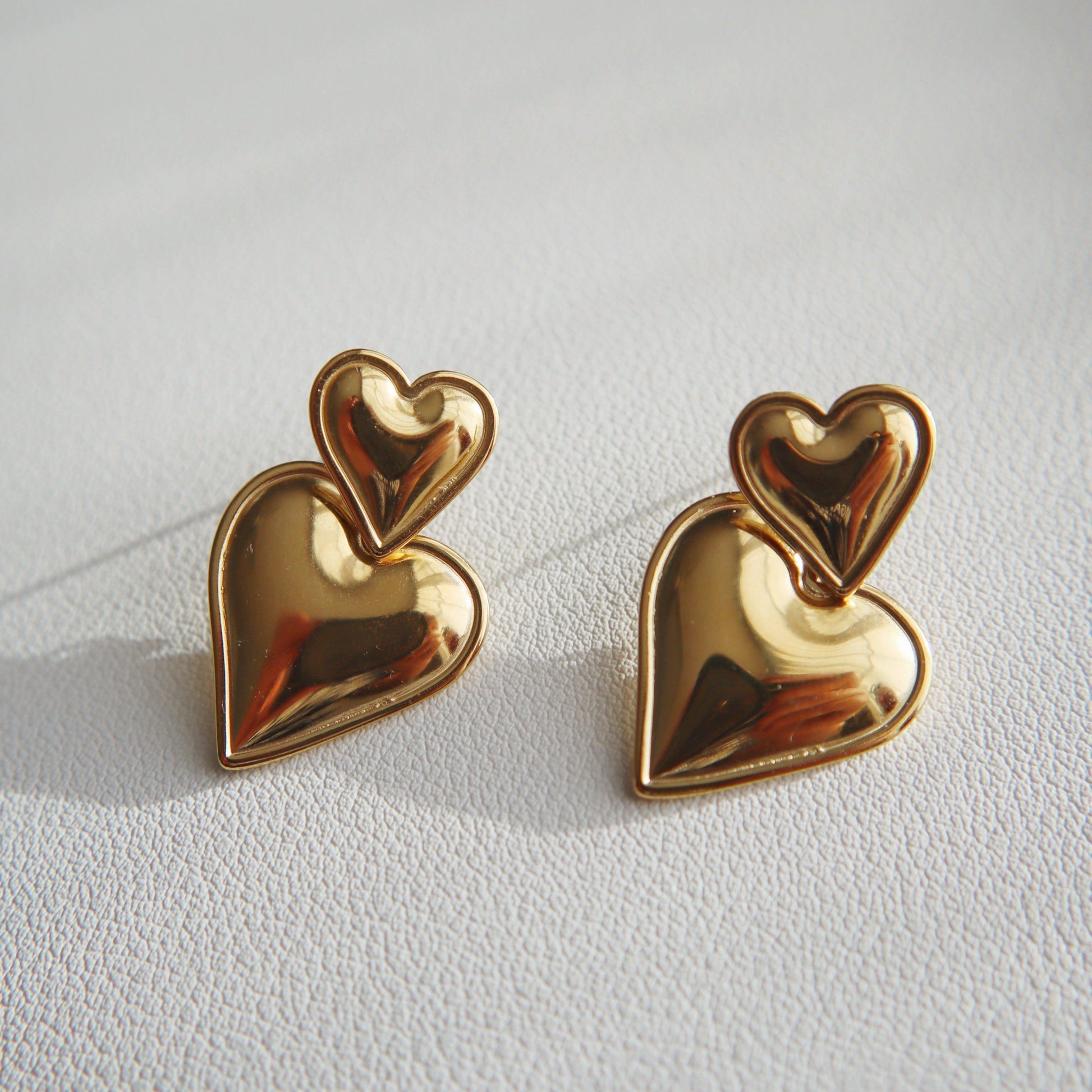 Double Heart Drop Earrings - JESSA JEWELRY | GOLD JEWELRY; dainty, affordable gold everyday jewelry. Tarnish free, water-resistant, hypoallergenic. Jewelry for everyday wear