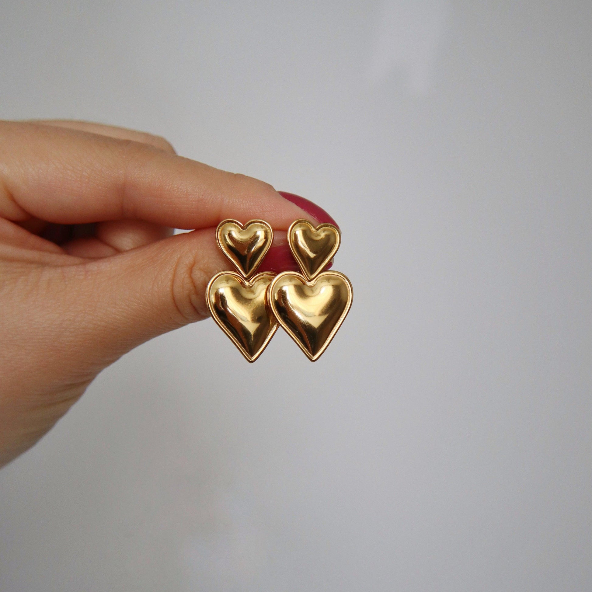 Double Heart Drop Earrings - JESSA JEWELRY | GOLD JEWELRY; dainty, affordable gold everyday jewelry. Tarnish free, water-resistant, hypoallergenic. Jewelry for everyday wear