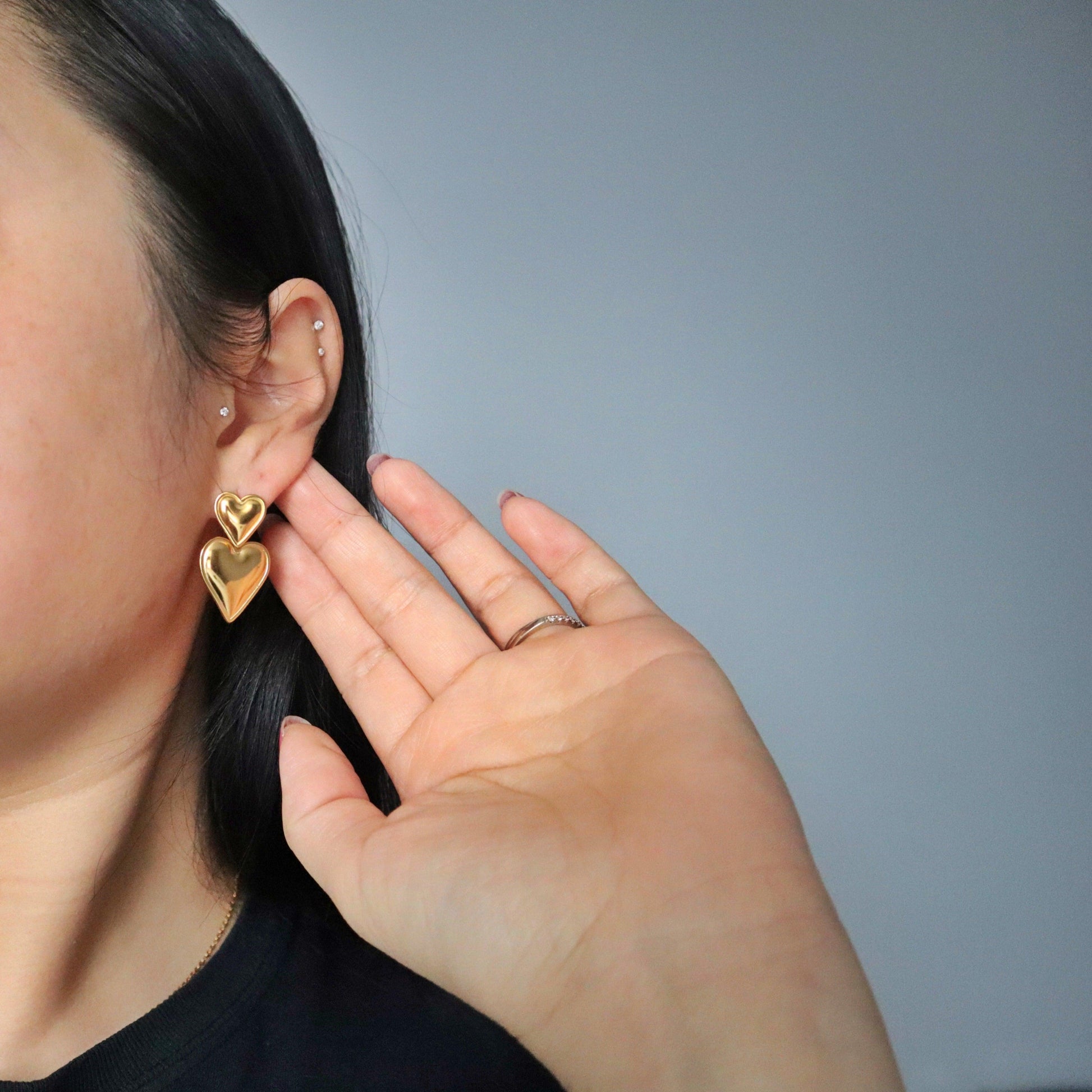Double Heart Drop Earrings - JESSA JEWELRY | GOLD JEWELRY; dainty, affordable gold everyday jewelry. Tarnish free, water-resistant, hypoallergenic. Jewelry for everyday wear