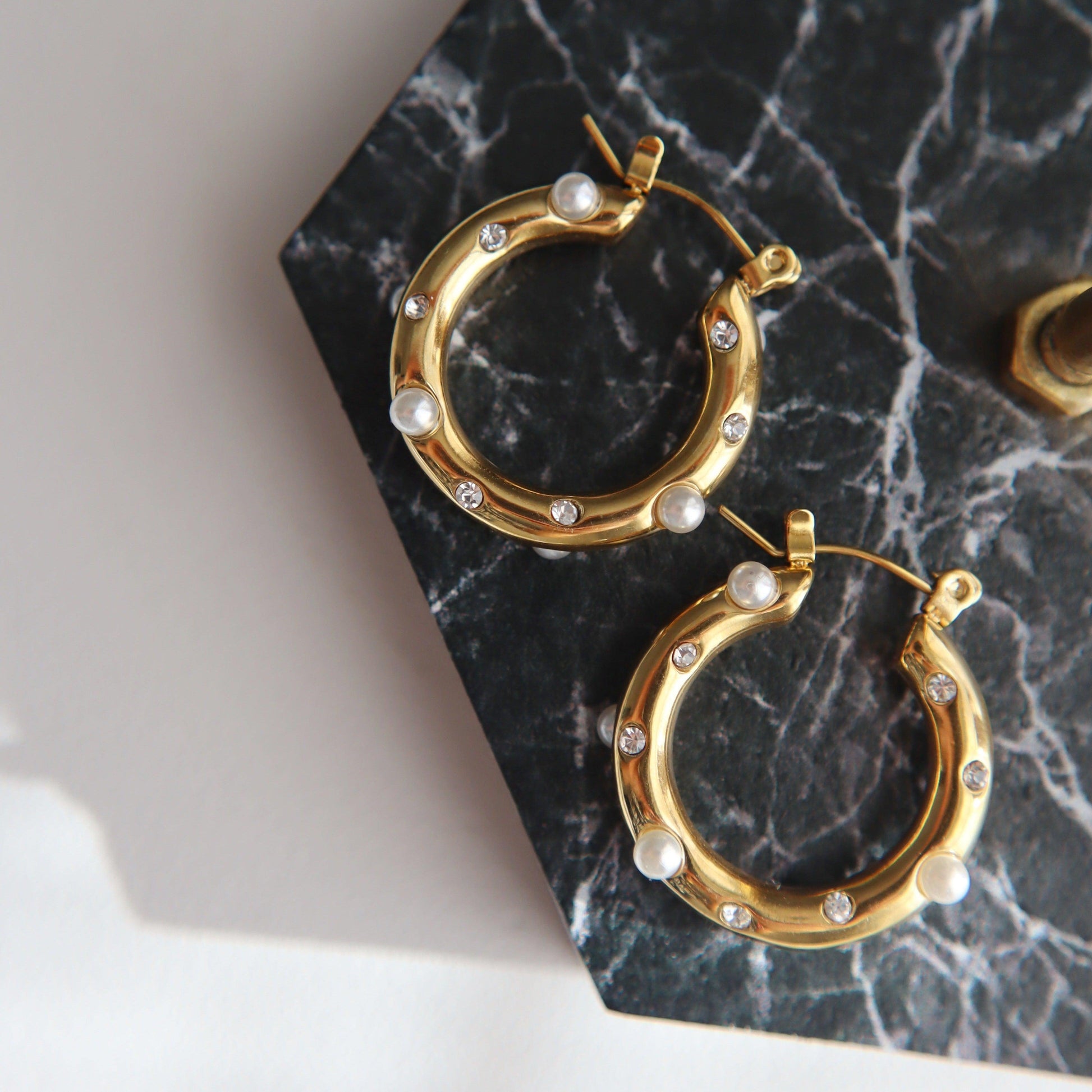 Lily Hoops | Pearl and CZ Hoops - JESSA JEWELRY | GOLD JEWELRY; dainty, affordable gold everyday jewelry. Tarnish free, water-resistant, hypoallergenic. Jewelry for everyday wear