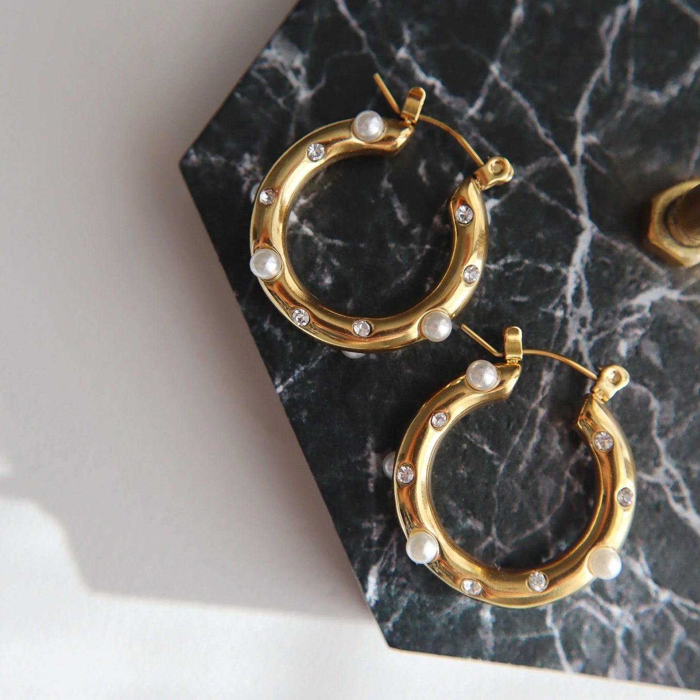 Lily Hoops | Pearl and CZ Hoops - JESSA JEWELRY | GOLD JEWELRY; dainty, affordable gold everyday jewelry. Tarnish free, water-resistant, hypoallergenic. Jewelry for everyday wear