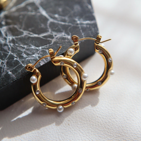 Lily Hoops | Pearl and CZ Hoops - JESSA JEWELRY | GOLD JEWELRY; dainty, affordable gold everyday jewelry. Tarnish free, water-resistant, hypoallergenic. Jewelry for everyday wear