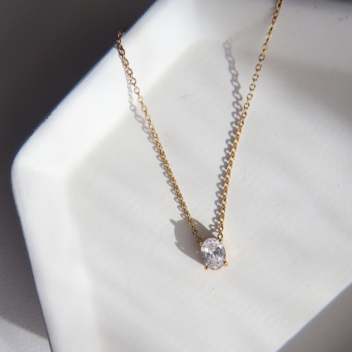Oval Solitaire Necklace - JESSA JEWELRY | GOLD JEWELRY; dainty, affordable gold everyday jewelry. Tarnish free, water-resistant, hypoallergenic. Jewelry for everyday wear