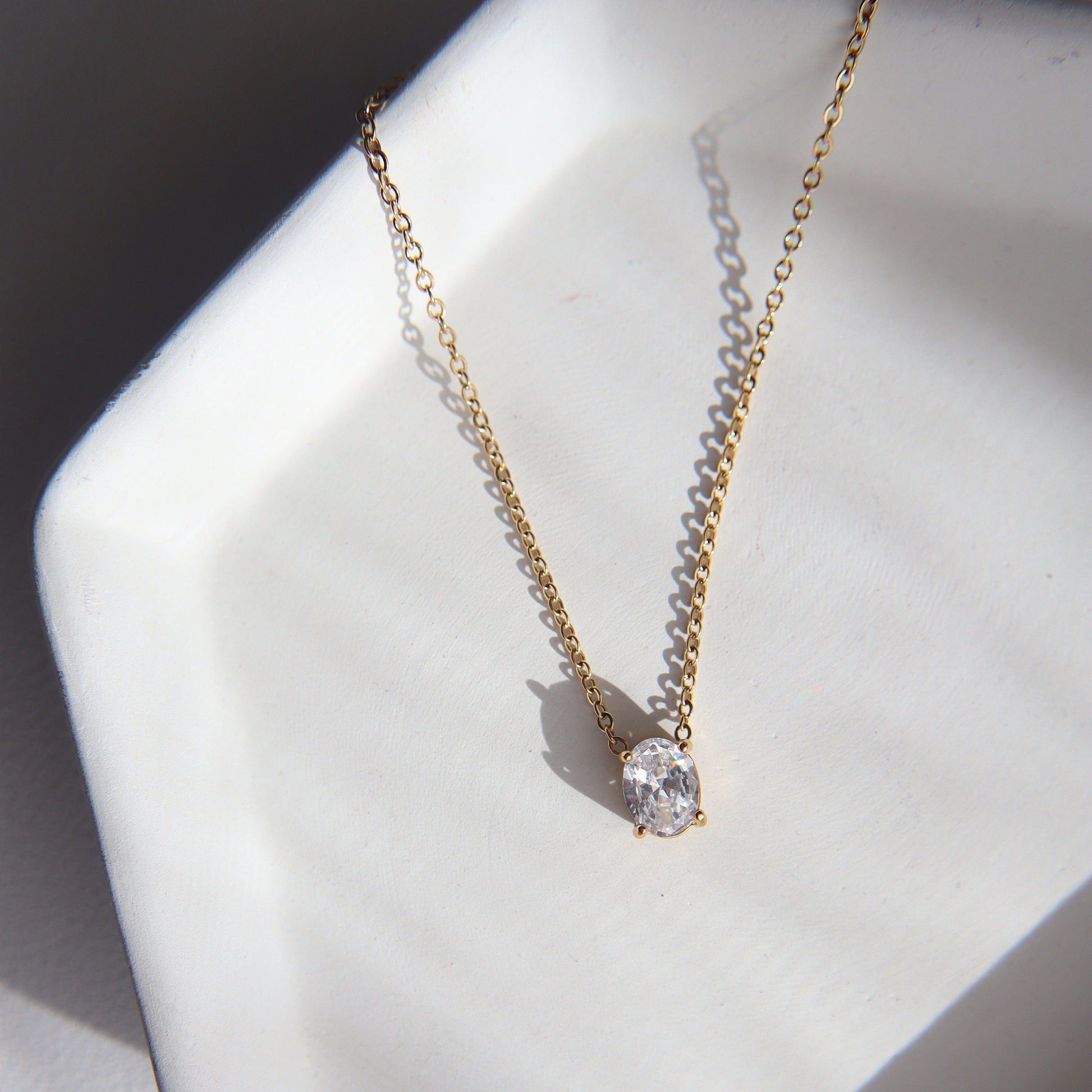 Oval Solitaire Necklace - JESSA JEWELRY | GOLD JEWELRY; dainty, affordable gold everyday jewelry. Tarnish free, water-resistant, hypoallergenic. Jewelry for everyday wear