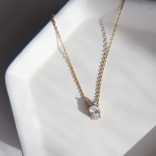 Oval Solitaire Necklace - JESSA JEWELRY | GOLD JEWELRY; dainty, affordable gold everyday jewelry. Tarnish free, water-resistant, hypoallergenic. Jewelry for everyday wear