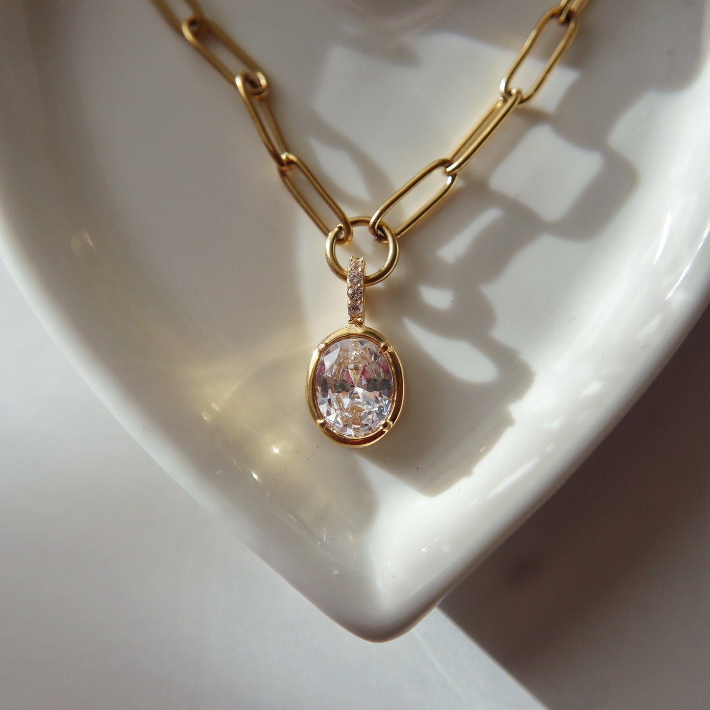 Mila Paperclip Necklace | Oval CZ Pendant Necklace