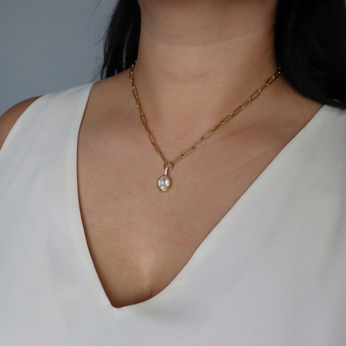 Mila Paperclip Necklace | Oval CZ Pendant Necklace