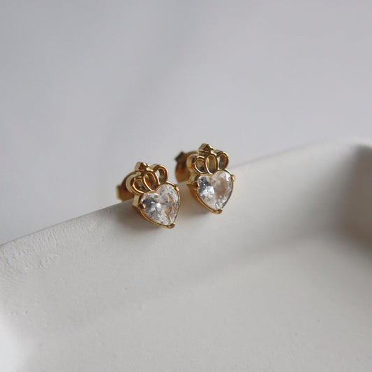 Crowned Heart Zircon Studs - JESSA JEWELRY | GOLD JEWELRY; dainty, affordable gold everyday jewelry. Tarnish free, water-resistant, hypoallergenic. Jewelry for everyday wear