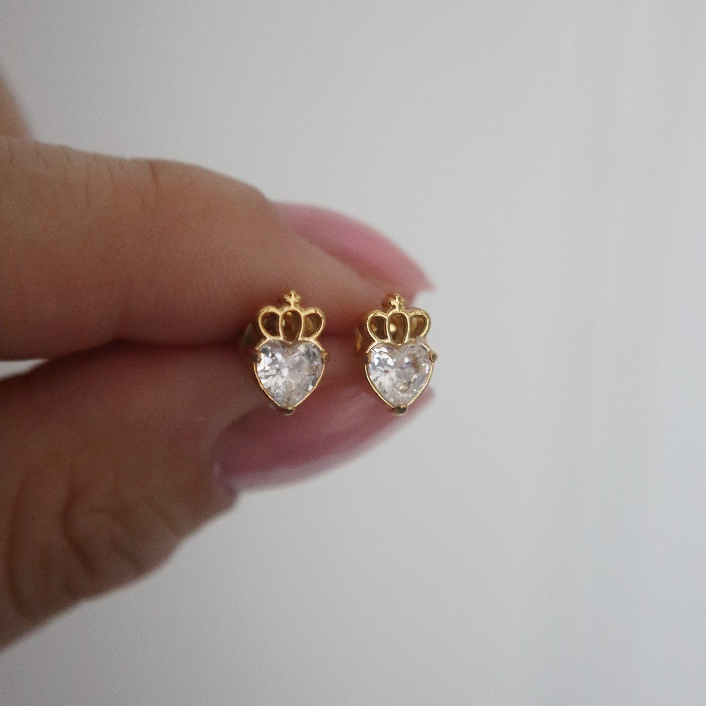 Crowned Heart Zircon Studs - JESSA JEWELRY | GOLD JEWELRY; dainty, affordable gold everyday jewelry. Tarnish free, water-resistant, hypoallergenic. Jewelry for everyday wear