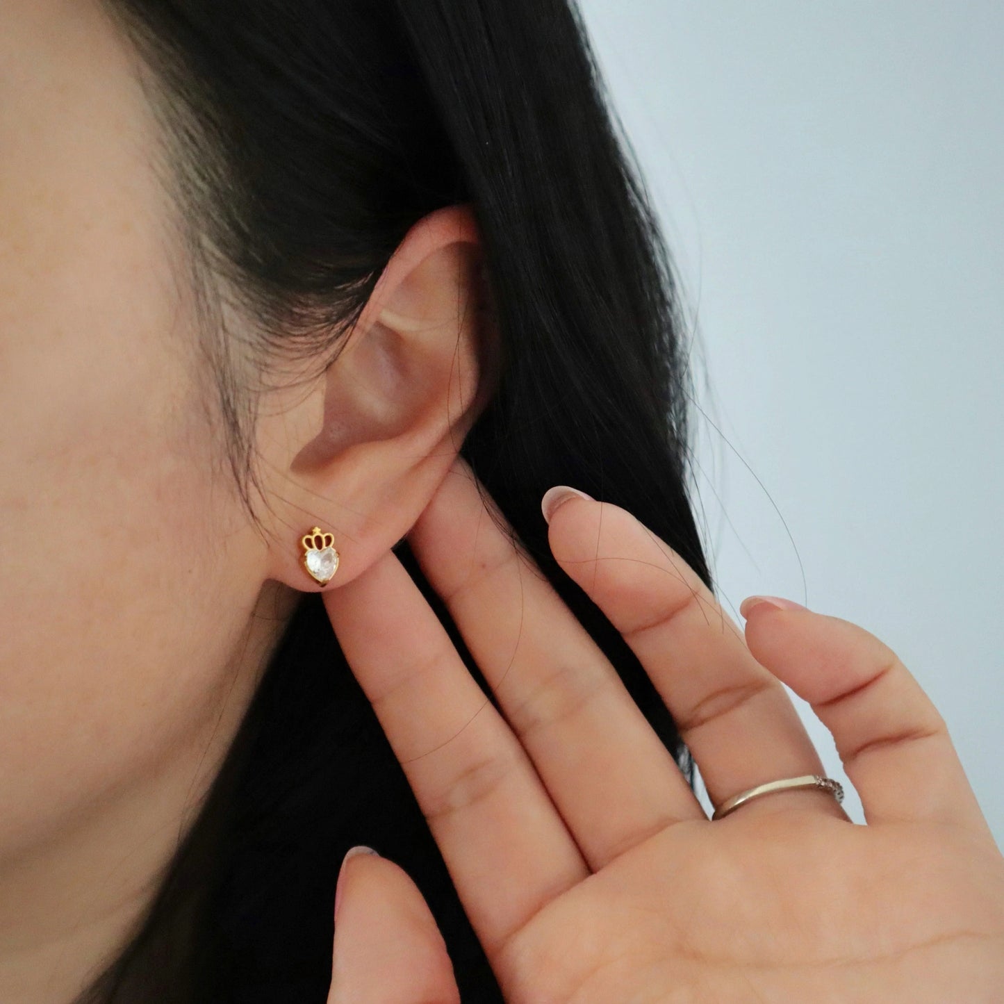 Crowned Heart Zircon Studs - JESSA JEWELRY | GOLD JEWELRY; dainty, affordable gold everyday jewelry. Tarnish free, water-resistant, hypoallergenic. Jewelry for everyday wear