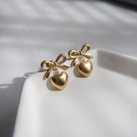 Bow Heart Earrings | Dangle Earrings - JESSA JEWELRY | GOLD JEWELRY; dainty, affordable gold everyday jewelry. Tarnish free, water-resistant, hypoallergenic. Jewelry for everyday wear