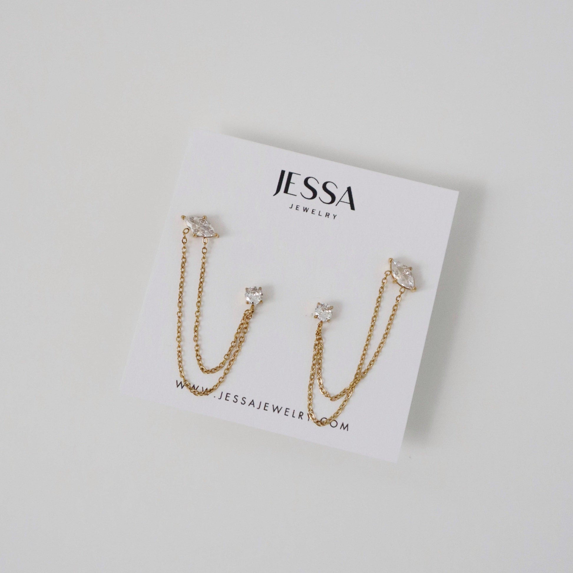Ryann Double Chain Studs | Double Piercing Connector Earrings - JESSA JEWELRY | GOLD JEWELRY; dainty, affordable gold everyday jewelry. Tarnish free, water-resistant, hypoallergenic. Jewelry for everyday wear