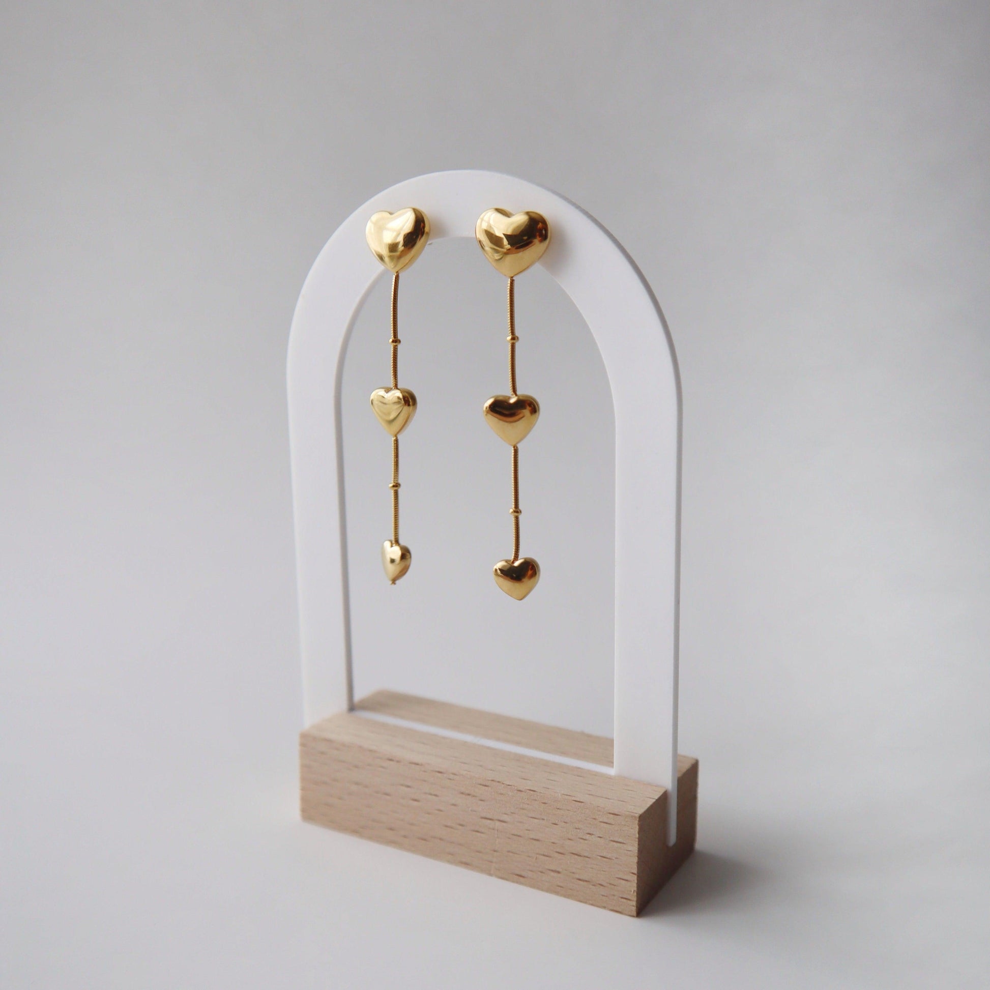 Triple Heart Dangle Earrings - JESSA JEWELRY | GOLD JEWELRY; dainty, affordable gold everyday jewelry. Tarnish free, water-resistant, hypoallergenic. Jewelry for everyday wear