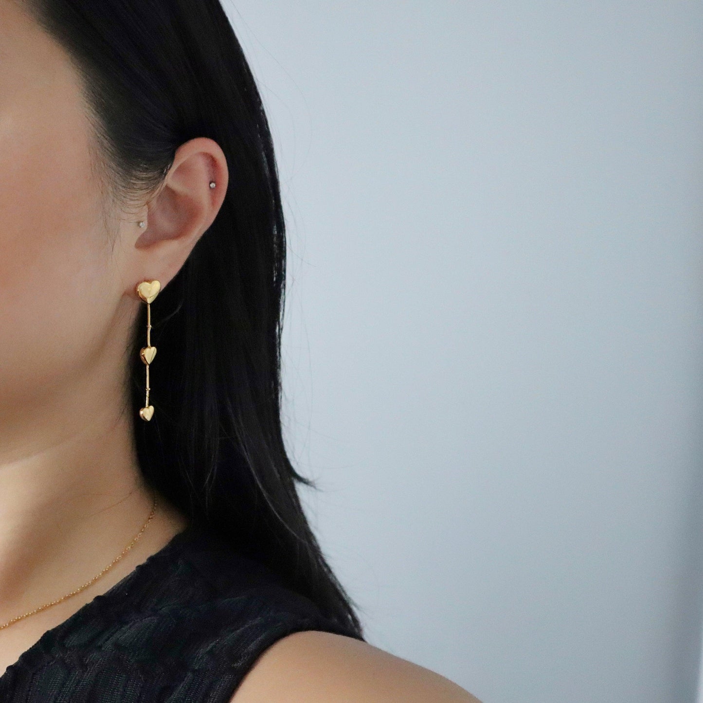 Triple Heart Dangle Earrings - JESSA JEWELRY | GOLD JEWELRY; dainty, affordable gold everyday jewelry. Tarnish free, water-resistant, hypoallergenic. Jewelry for everyday wear