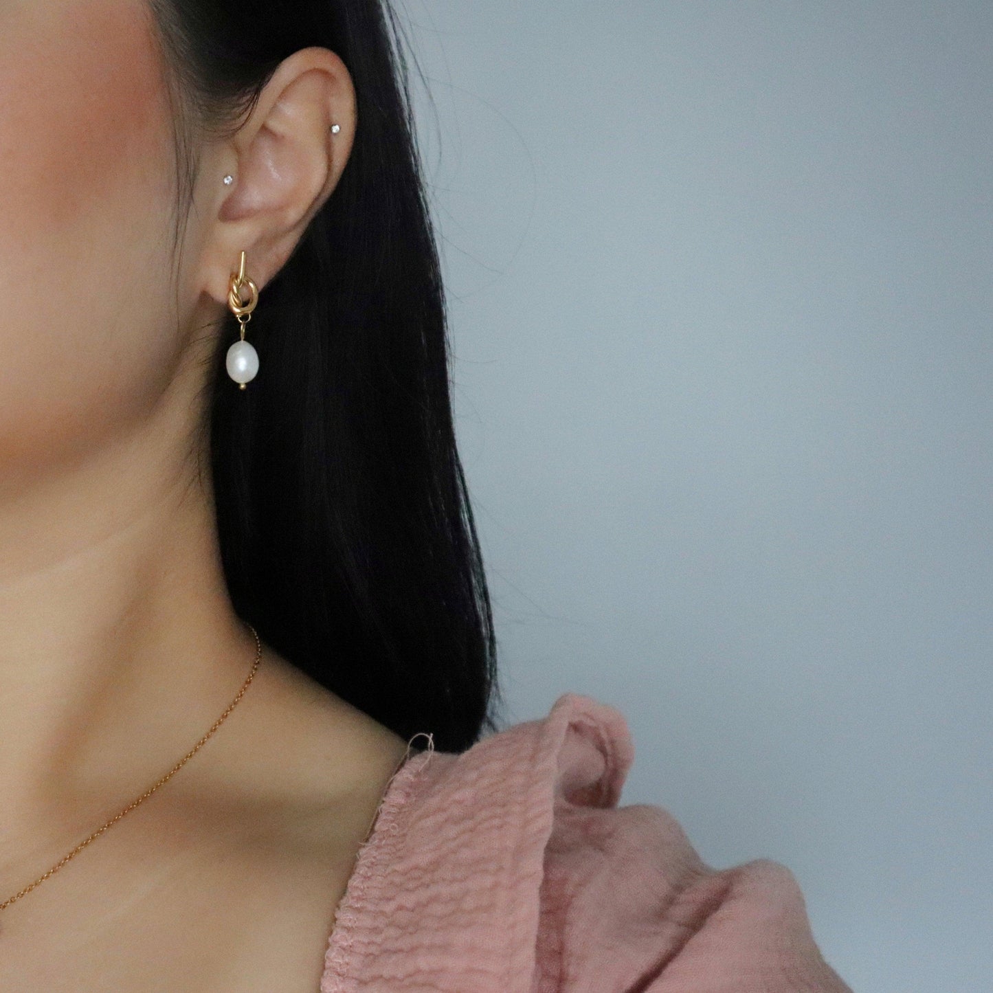 Knotted Pearl Drop Earrings - JESSA JEWELRY | GOLD JEWELRY; dainty, affordable gold everyday jewelry. Tarnish free, water-resistant, hypoallergenic. Jewelry for everyday wear