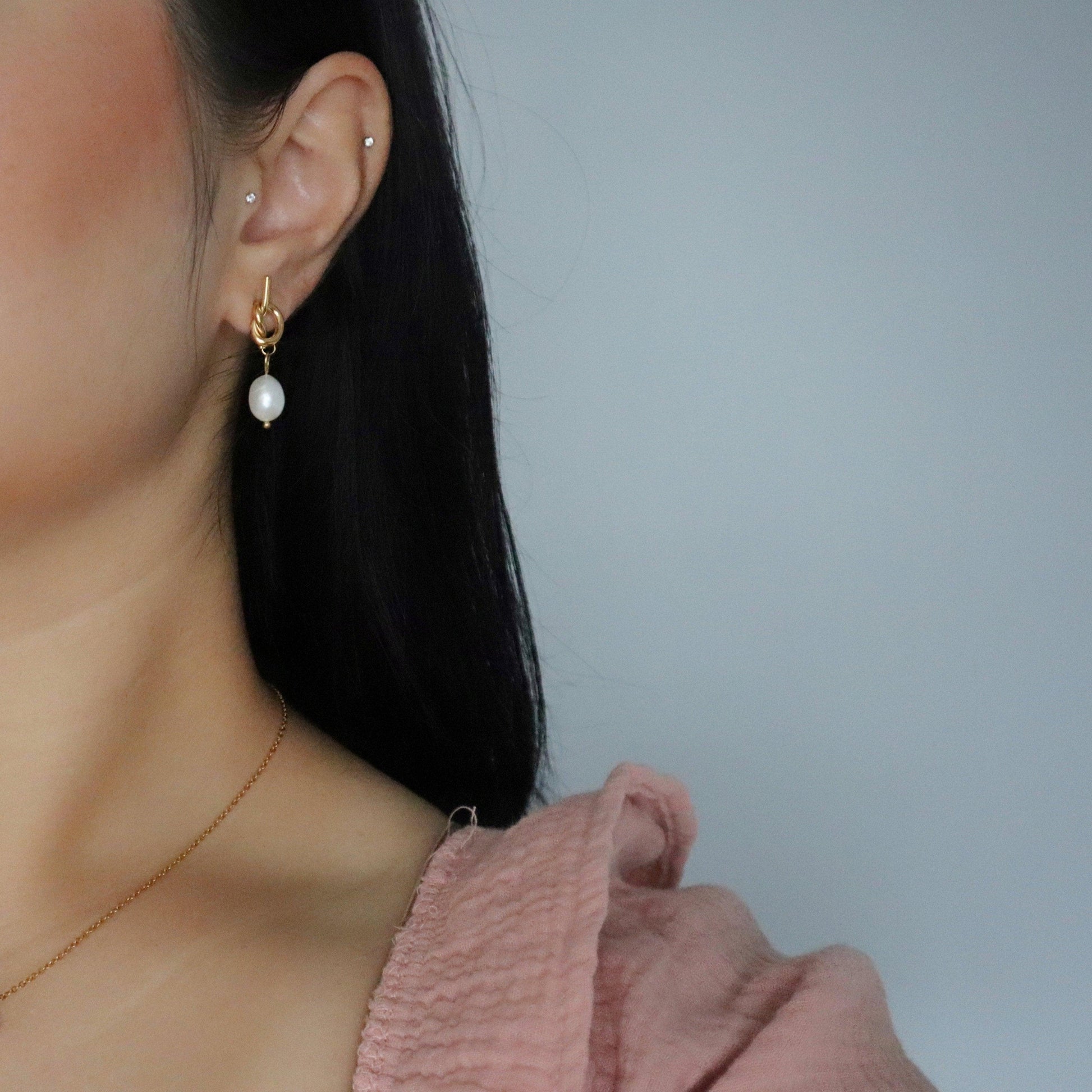 Knotted Pearl Drop Earrings - JESSA JEWELRY | GOLD JEWELRY; dainty, affordable gold everyday jewelry. Tarnish free, water-resistant, hypoallergenic. Jewelry for everyday wear