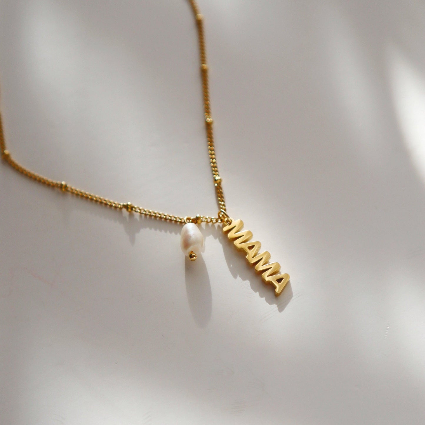 MAMA Pearl Charm Necklace - JESSA JEWELRY | GOLD JEWELRY; dainty, affordable gold everyday jewelry. Tarnish free, water-resistant, hypoallergenic. Jewelry for everyday wear