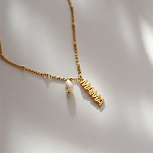 MAMA Pearl Charm Necklace - JESSA JEWELRY | GOLD JEWELRY; dainty, affordable gold everyday jewelry. Tarnish free, water-resistant, hypoallergenic. Jewelry for everyday wear