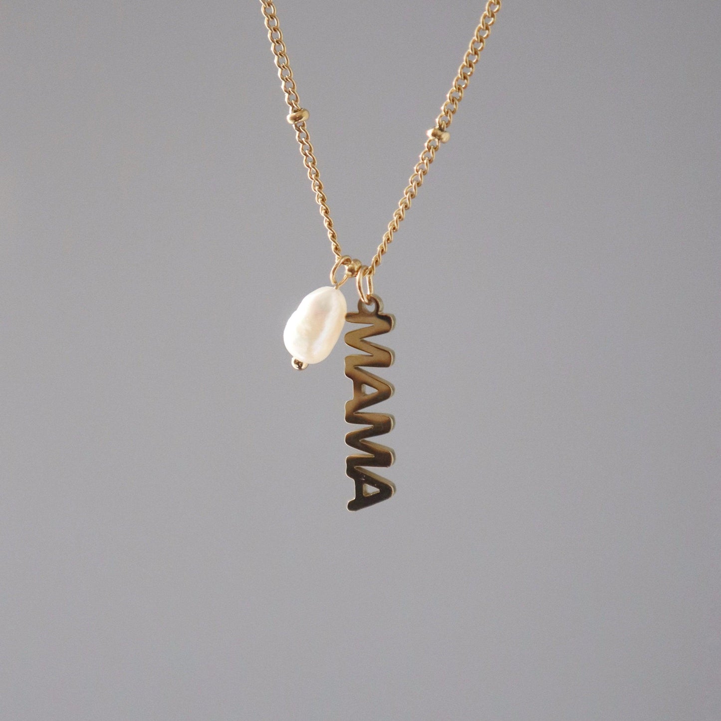 MAMA Pearl Charm Necklace - JESSA JEWELRY | GOLD JEWELRY; dainty, affordable gold everyday jewelry. Tarnish free, water-resistant, hypoallergenic. Jewelry for everyday wear