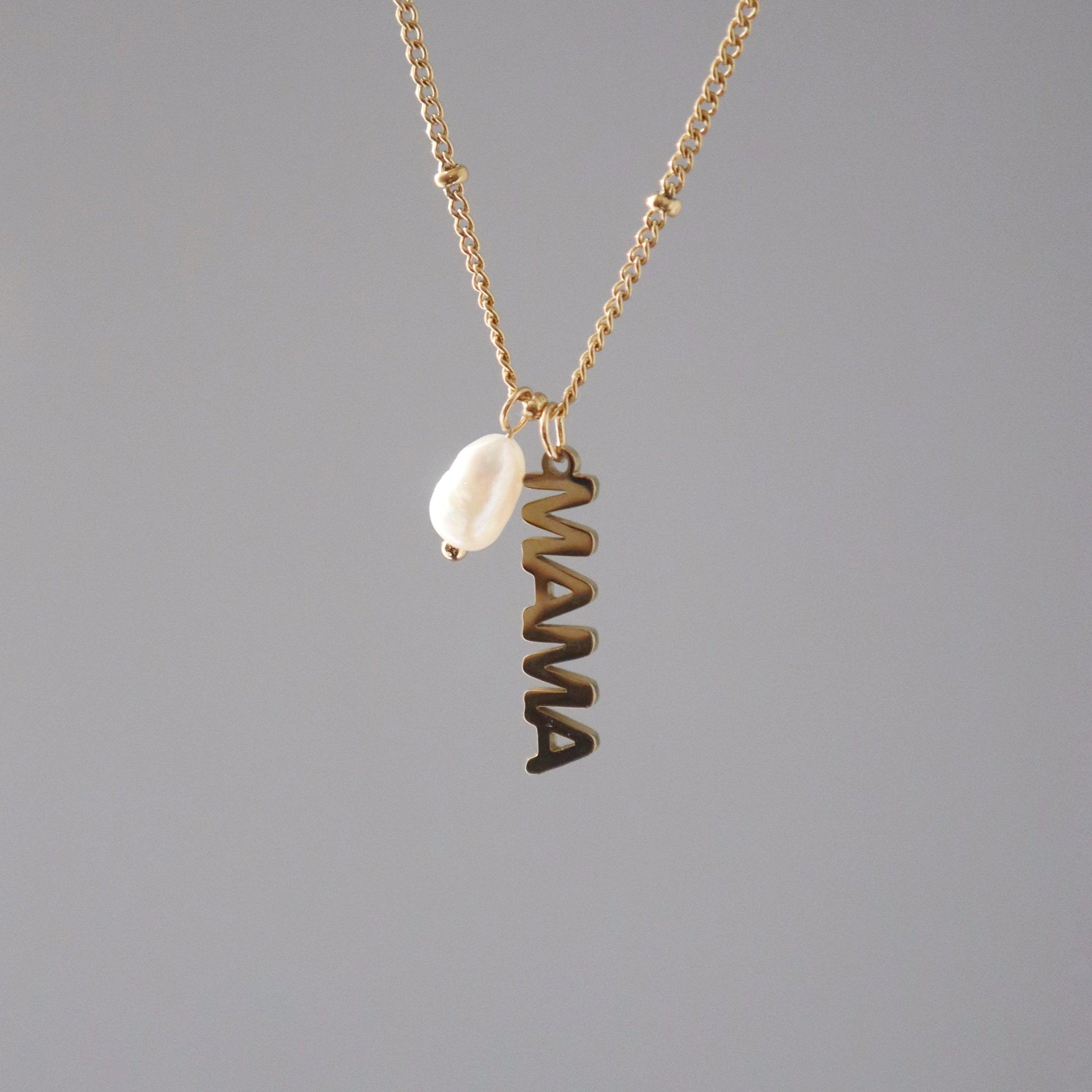 MAMA Pearl Charm Necklace - JESSA JEWELRY | GOLD JEWELRY; dainty, affordable gold everyday jewelry. Tarnish free, water-resistant, hypoallergenic. Jewelry for everyday wear