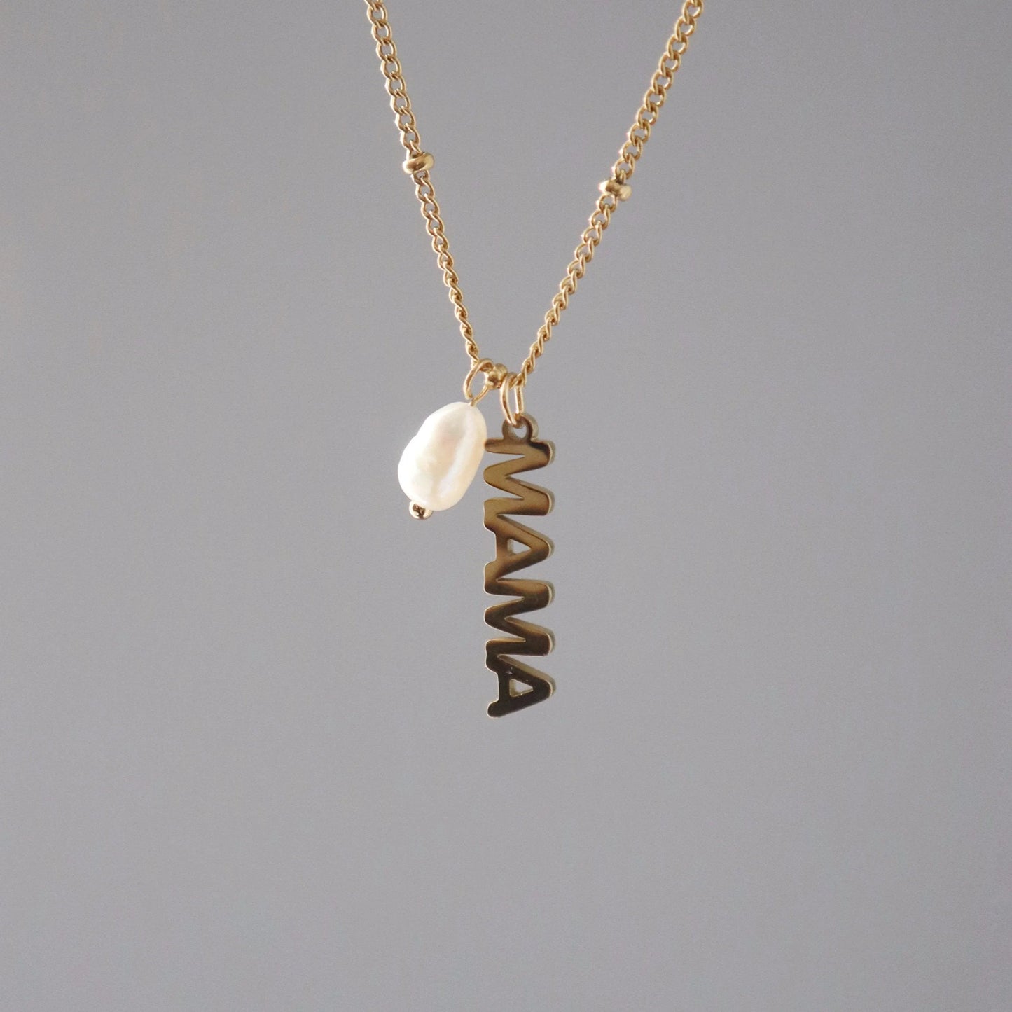 MAMA Pearl Charm Necklace - JESSA JEWELRY | GOLD JEWELRY; dainty, affordable gold everyday jewelry. Tarnish free, water-resistant, hypoallergenic. Jewelry for everyday wear