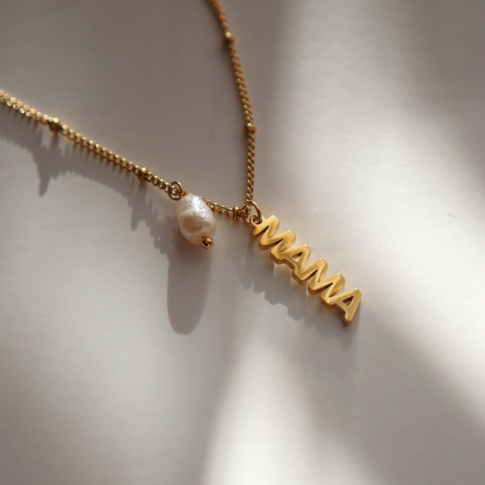 MAMA Pearl Charm Necklace - JESSA JEWELRY | GOLD JEWELRY; dainty, affordable gold everyday jewelry. Tarnish free, water-resistant, hypoallergenic. Jewelry for everyday wear