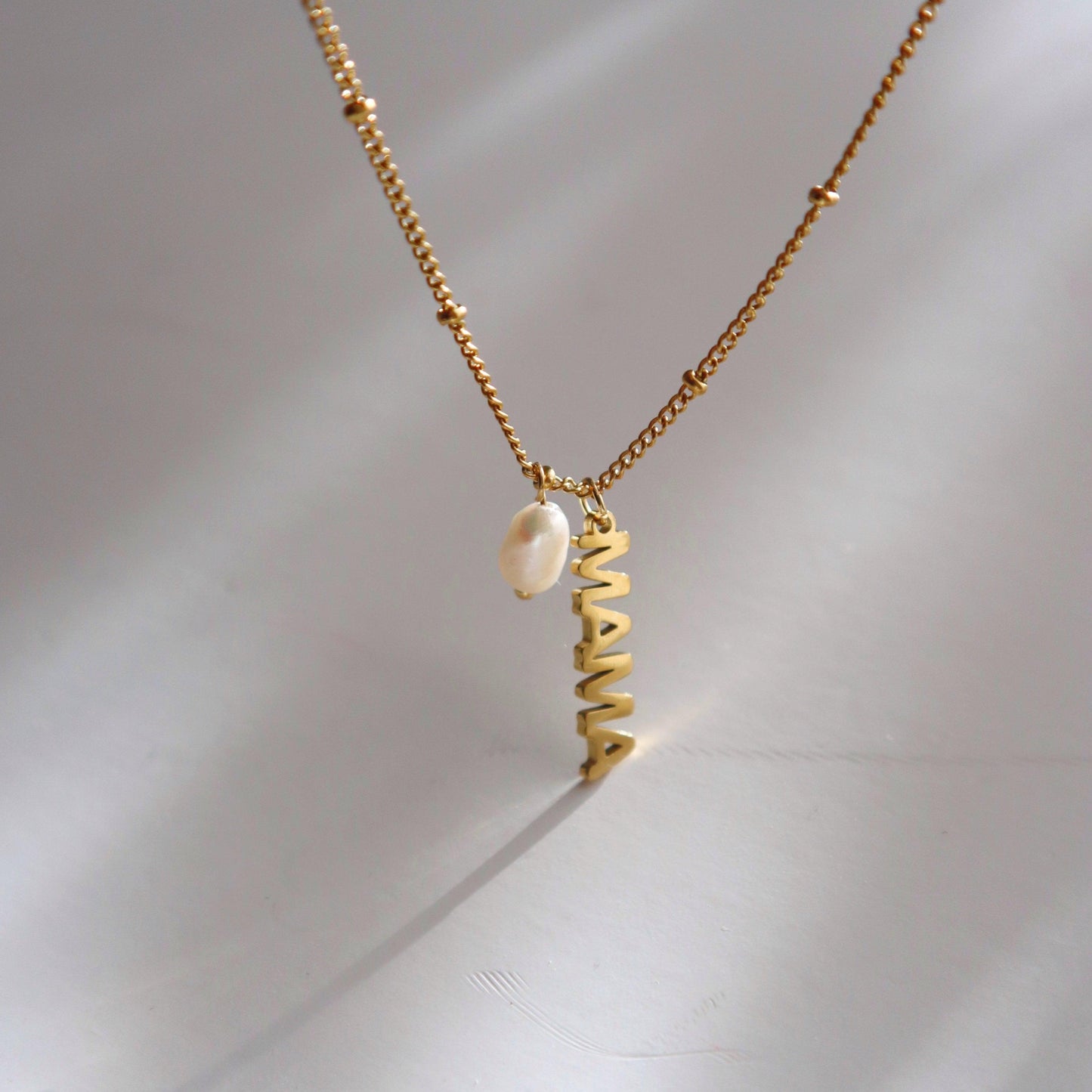 MAMA Pearl Charm Necklace - JESSA JEWELRY | GOLD JEWELRY; dainty, affordable gold everyday jewelry. Tarnish free, water-resistant, hypoallergenic. Jewelry for everyday wear