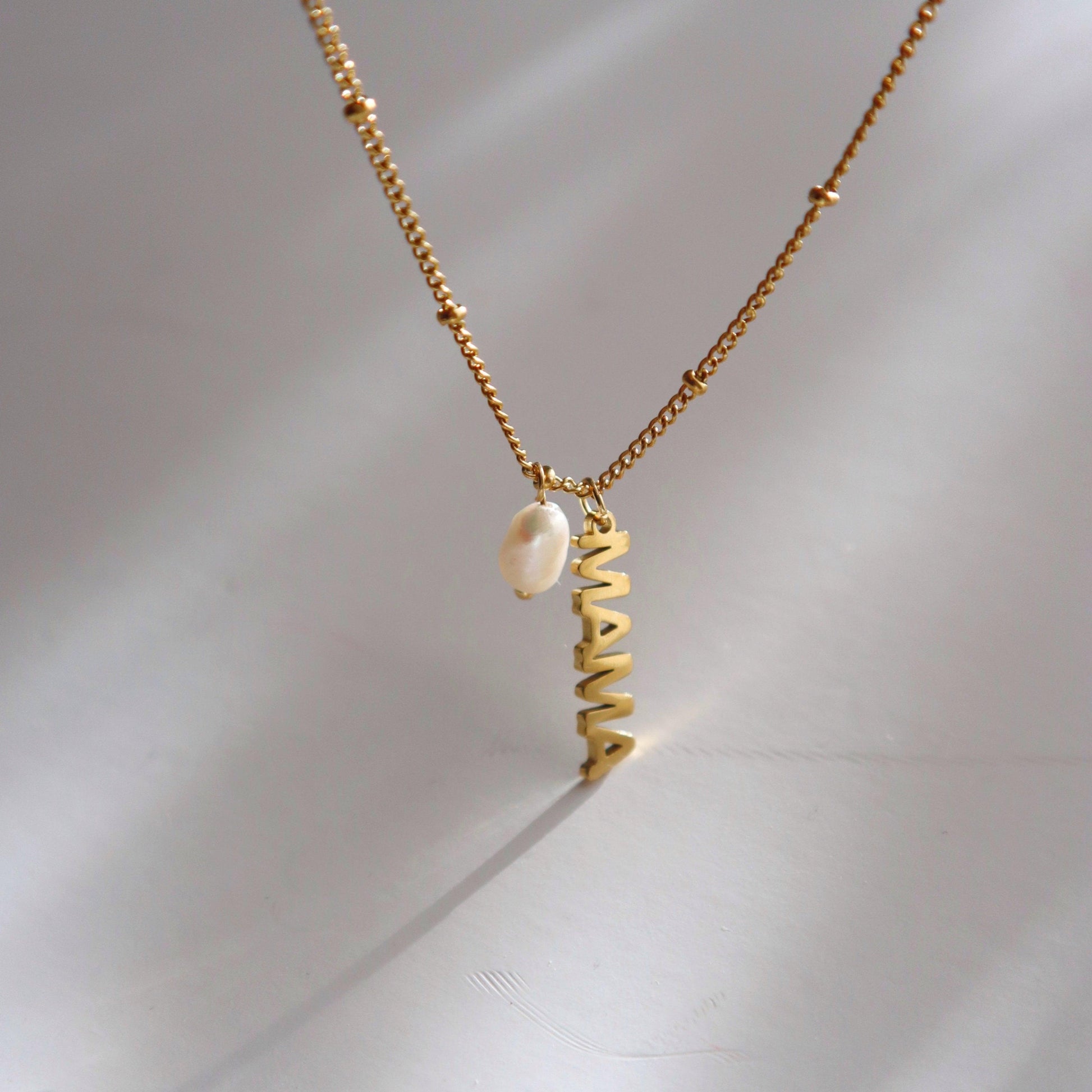 MAMA Pearl Charm Necklace - JESSA JEWELRY | GOLD JEWELRY; dainty, affordable gold everyday jewelry. Tarnish free, water-resistant, hypoallergenic. Jewelry for everyday wear