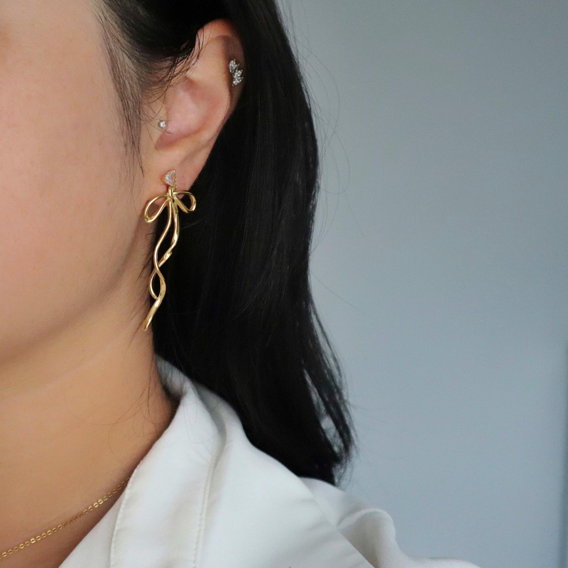 Keira Bow Dangle Earrings - JESSA JEWELRY | GOLD JEWELRY; dainty, affordable gold everyday jewelry. Tarnish free, water-resistant, hypoallergenic. Jewelry for everyday wear