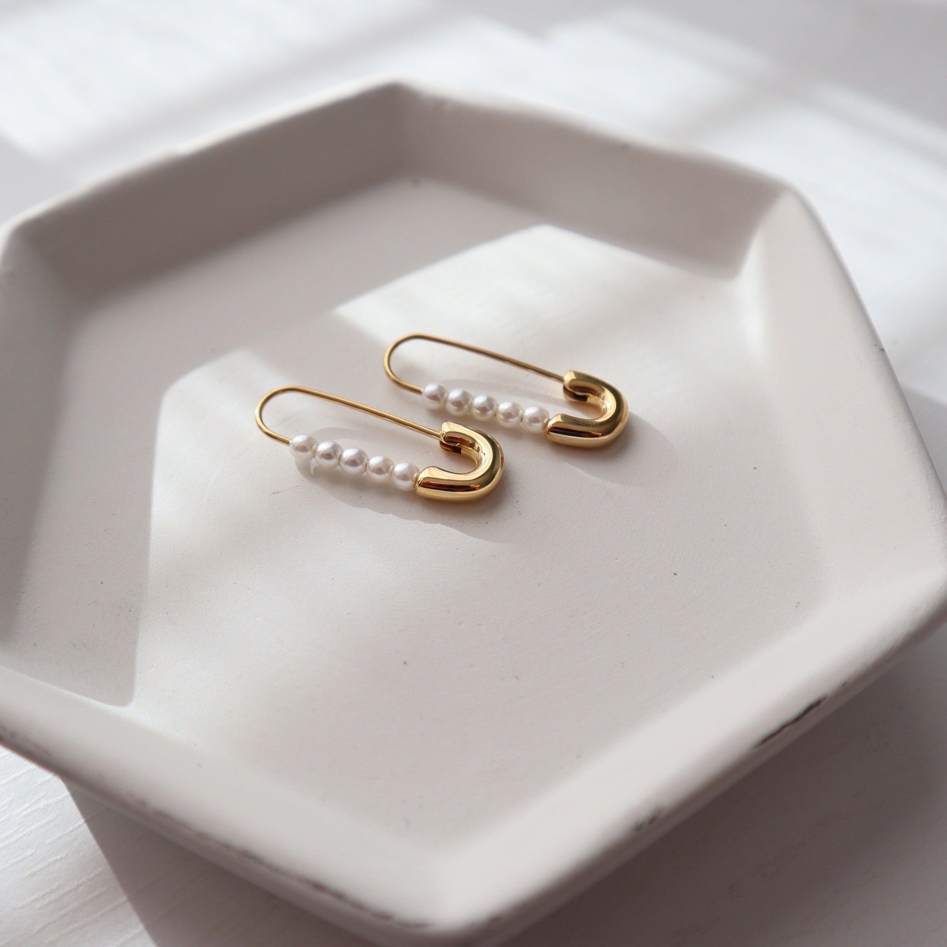 Safety Pin Earrings - JESSA JEWELRY | GOLD JEWELRY; dainty, affordable gold everyday jewelry. Tarnish free, water-resistant, hypoallergenic. Jewelry for everyday wear