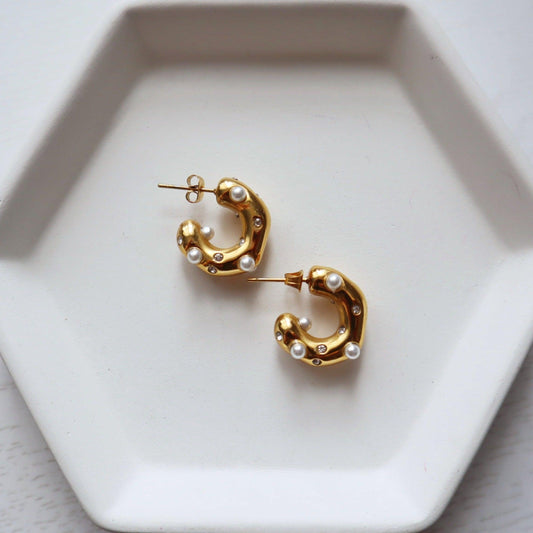 Dazzle Hoops - Pearls and CZ | Chunky Hoops - JESSA JEWELRY | GOLD JEWELRY; dainty, affordable gold everyday jewelry. Tarnish free, water-resistant, hypoallergenic. Jewelry for everyday wear