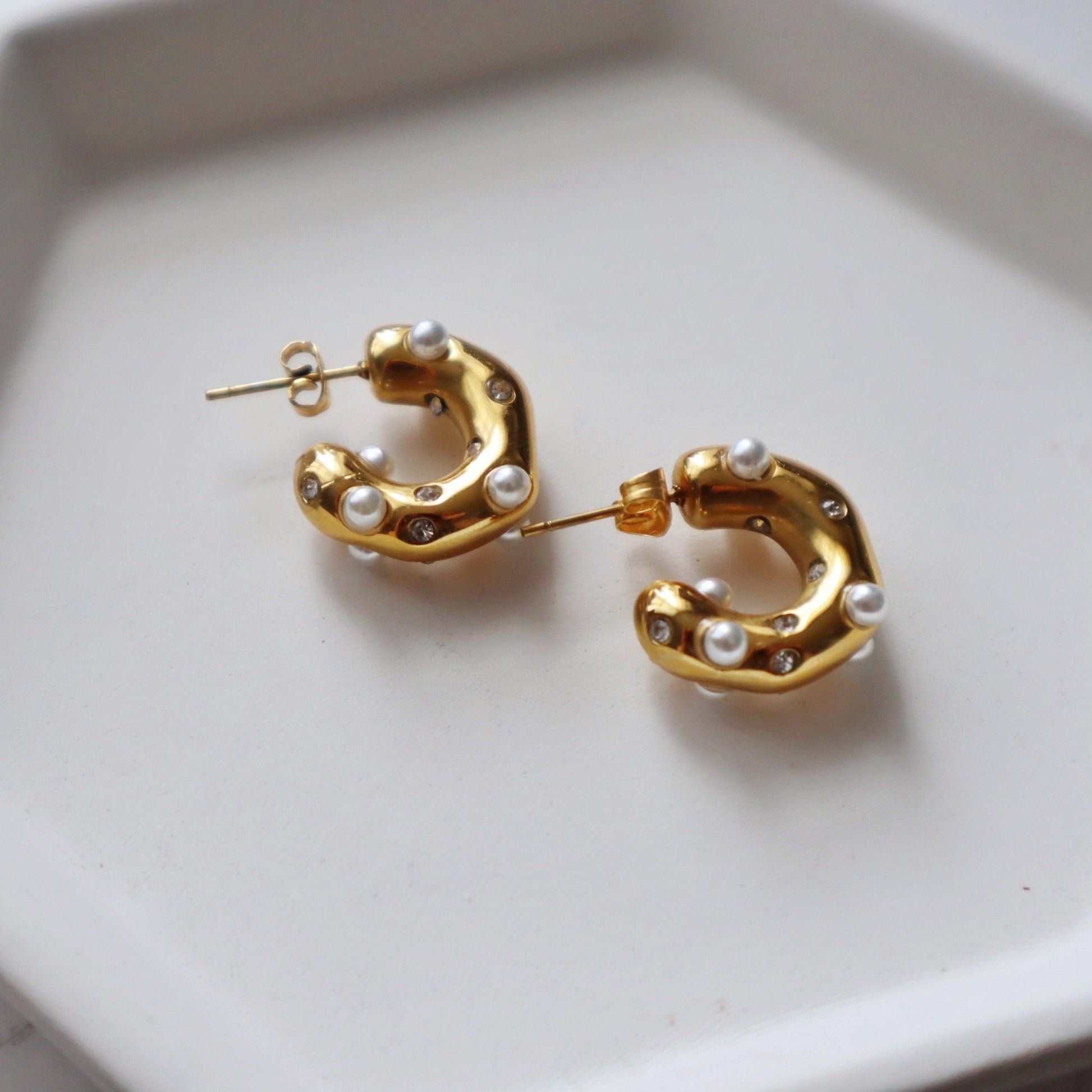Dazzle Hoops - Pearls and CZ | Chunky Hoops - JESSA JEWELRY | GOLD JEWELRY; dainty, affordable gold everyday jewelry. Tarnish free, water-resistant, hypoallergenic. Jewelry for everyday wear
