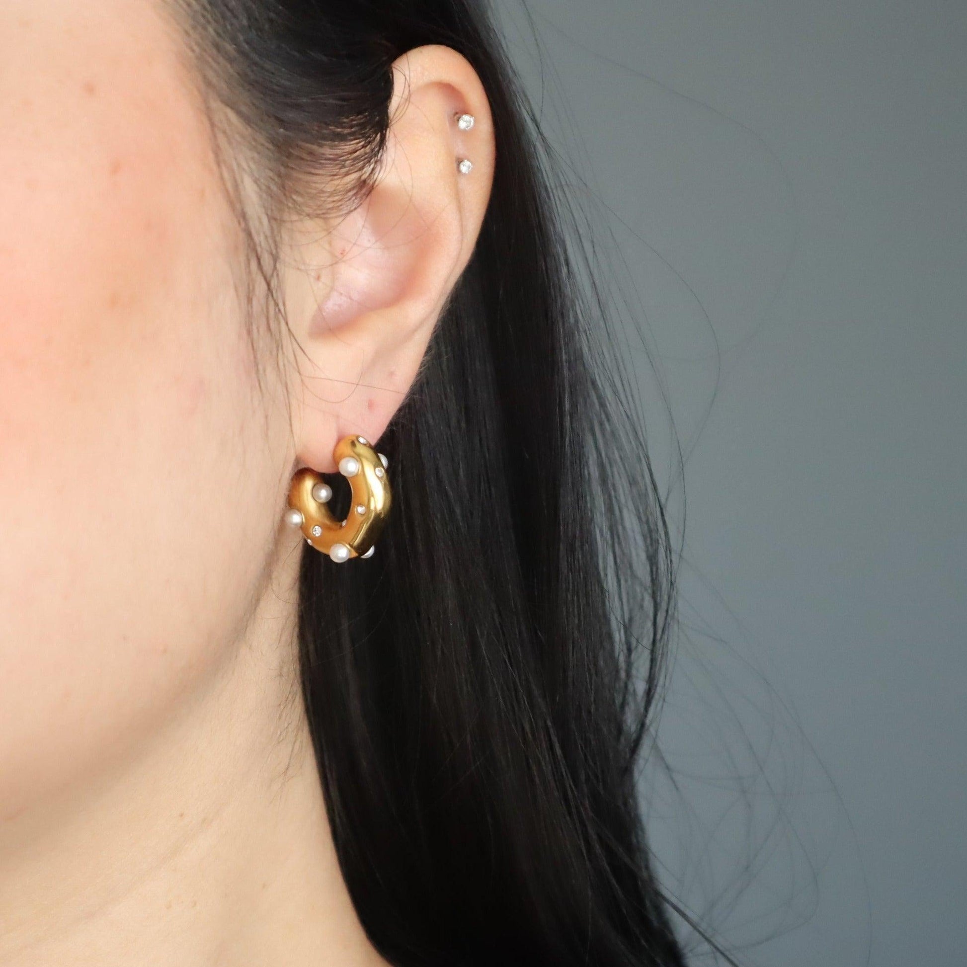 Dazzle Hoops - Pearls and CZ | Chunky Hoops - JESSA JEWELRY | GOLD JEWELRY; dainty, affordable gold everyday jewelry. Tarnish free, water-resistant, hypoallergenic. Jewelry for everyday wear