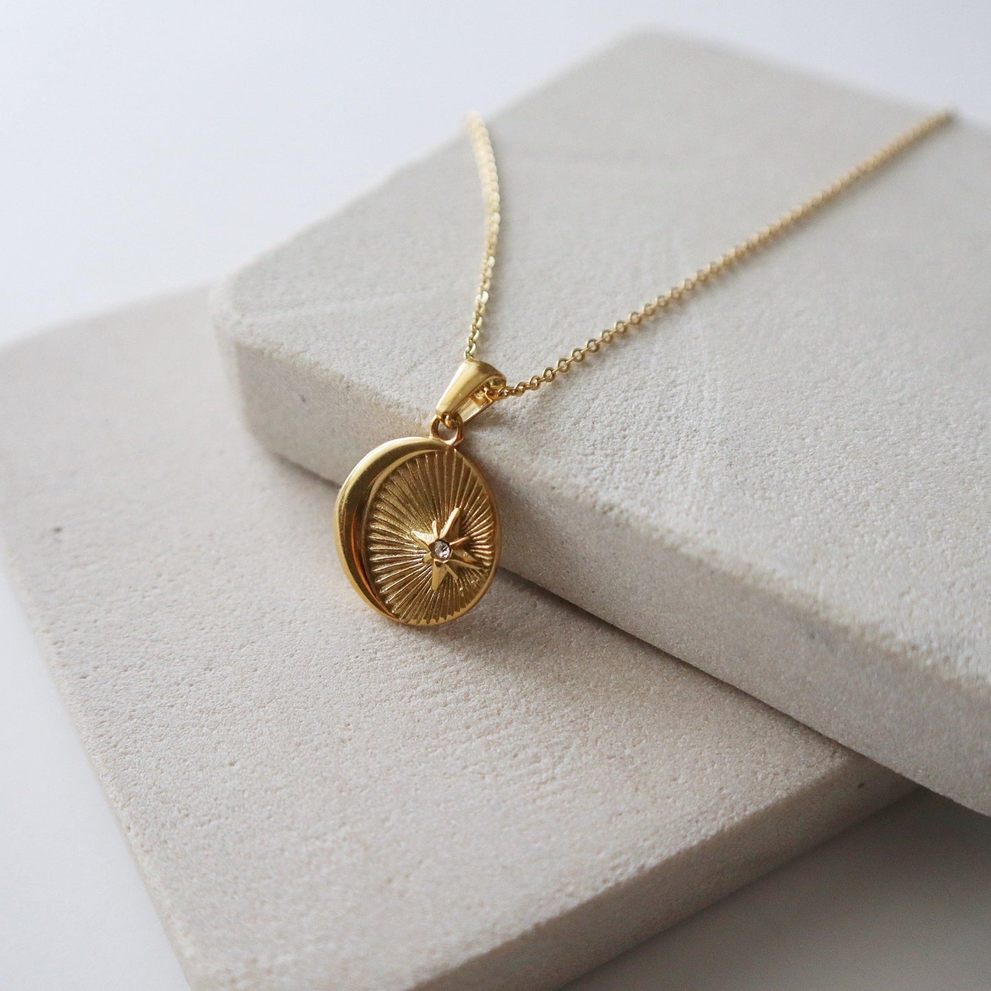 Vintage Moon and Star Necklace | Pendant Necklace - JESSA JEWELRY | GOLD JEWELRY; dainty, affordable gold everyday jewelry. Tarnish free, water-resistant, hypoallergenic. Jewelry for everyday wear