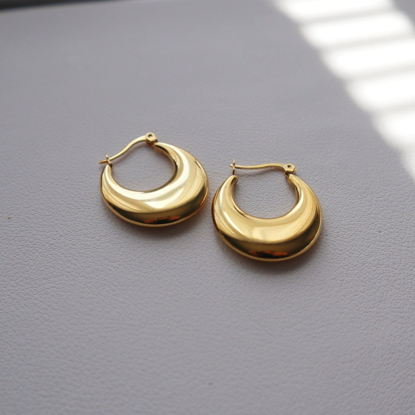 Flat Moon Hoops | Gold Hoops - JESSA JEWELRY | GOLD JEWELRY; dainty, affordable gold everyday jewelry. Tarnish free, water-resistant, hypoallergenic. Jewelry for everyday wear