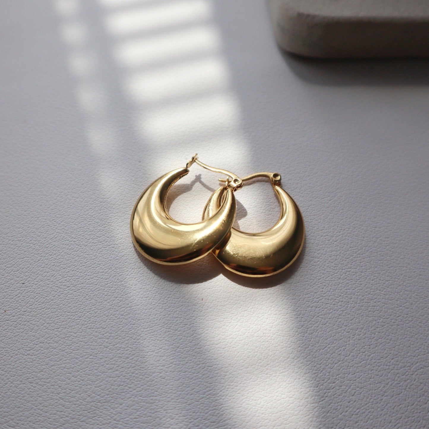 Flat Moon Hoops | Gold Hoops - JESSA JEWELRY | GOLD JEWELRY; dainty, affordable gold everyday jewelry. Tarnish free, water-resistant, hypoallergenic. Jewelry for everyday wear