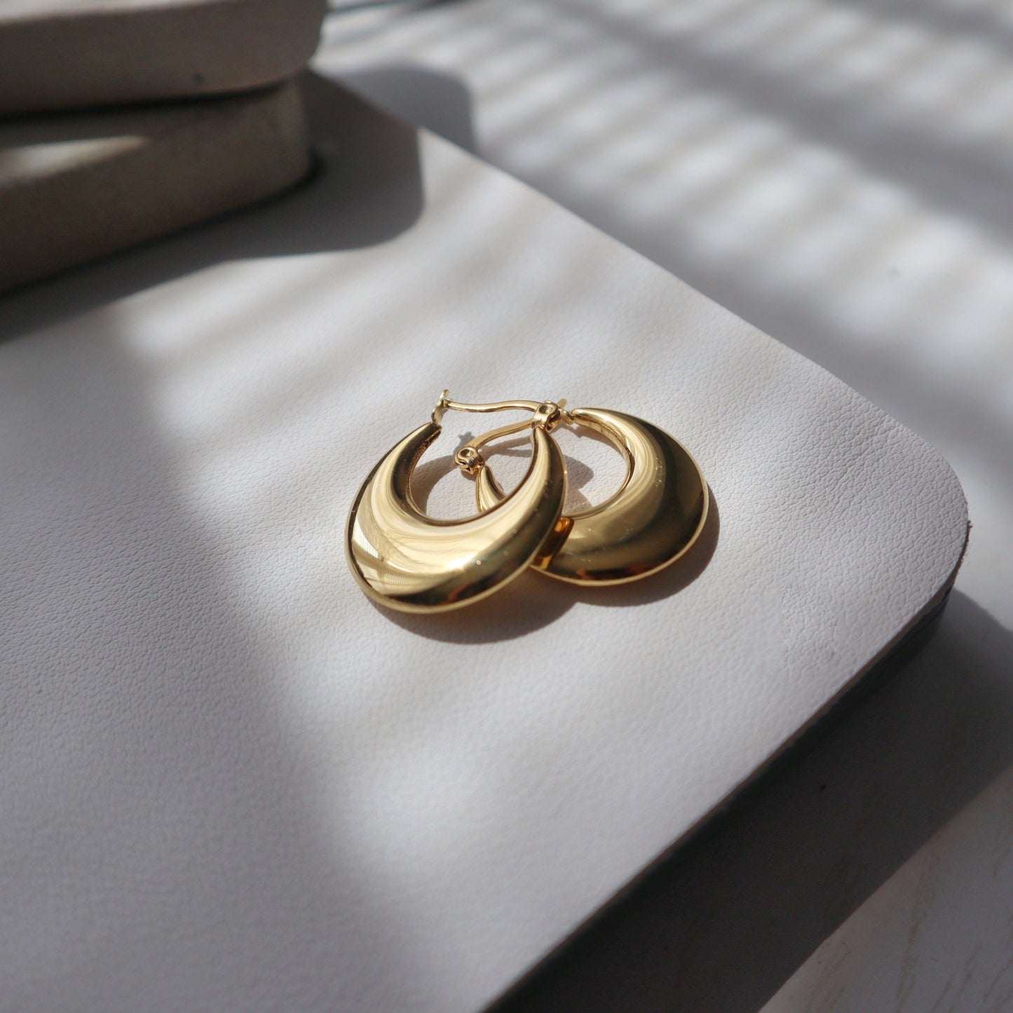 Flat Moon Hoops | Gold Hoops - JESSA JEWELRY | GOLD JEWELRY; dainty, affordable gold everyday jewelry. Tarnish free, water-resistant, hypoallergenic. Jewelry for everyday wear