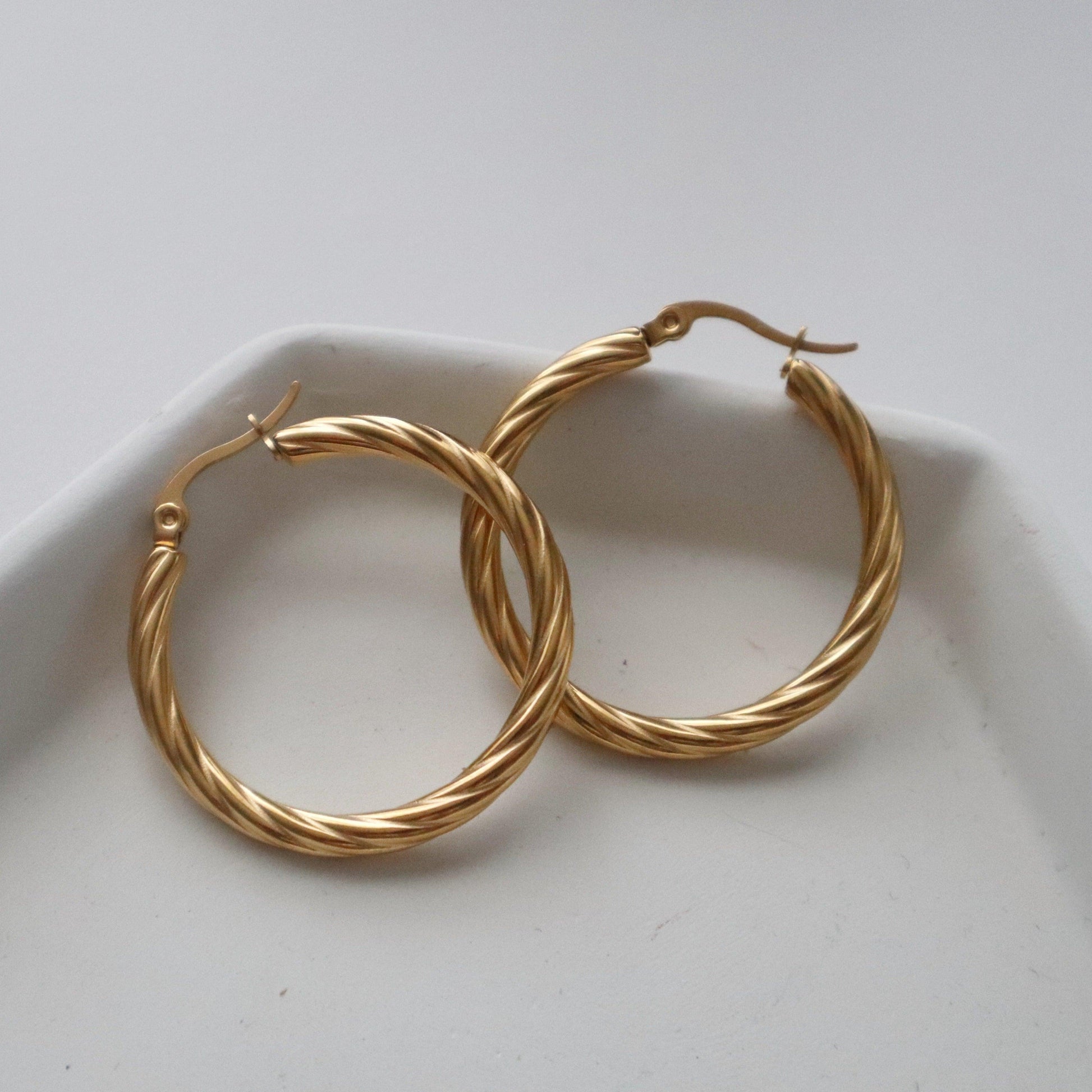 Twisted Hoops - JESSA JEWELRY | GOLD JEWELRY; dainty, affordable gold everyday jewelry. Tarnish free, water-resistant, hypoallergenic. Jewelry for everyday wear