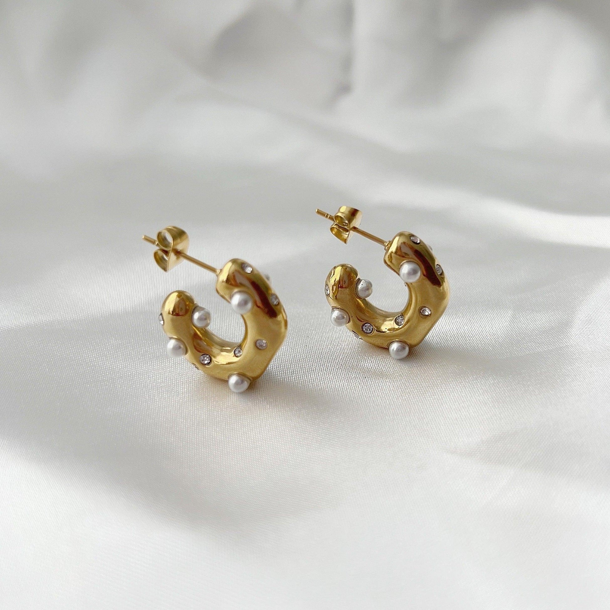 Dazzle Hoops - Pearls and CZ | Chunky Hoops - JESSA JEWELRY | GOLD JEWELRY; dainty, affordable gold everyday jewelry. Tarnish free, water-resistant, hypoallergenic. Jewelry for everyday wear
