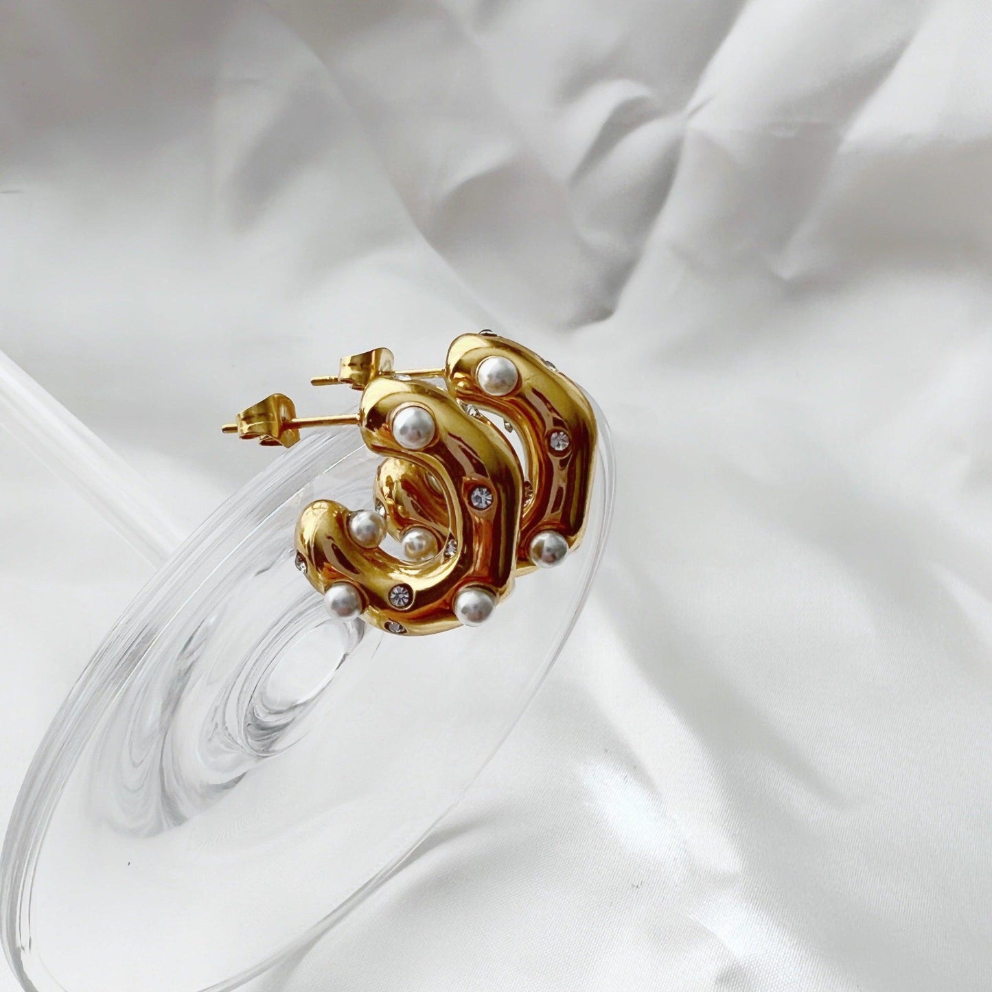 Dazzle Hoops - Pearls and CZ | Chunky Hoops - JESSA JEWELRY | GOLD JEWELRY; dainty, affordable gold everyday jewelry. Tarnish free, water-resistant, hypoallergenic. Jewelry for everyday wear