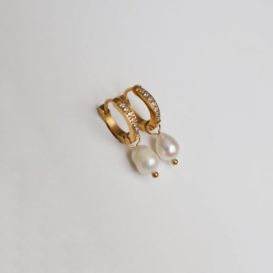 CZ Huggies with Pearl Drop - JESSA JEWELRY | GOLD JEWELRY; dainty, affordable gold everyday jewelry. Tarnish free, water-resistant, hypoallergenic. Jewelry for everyday wear