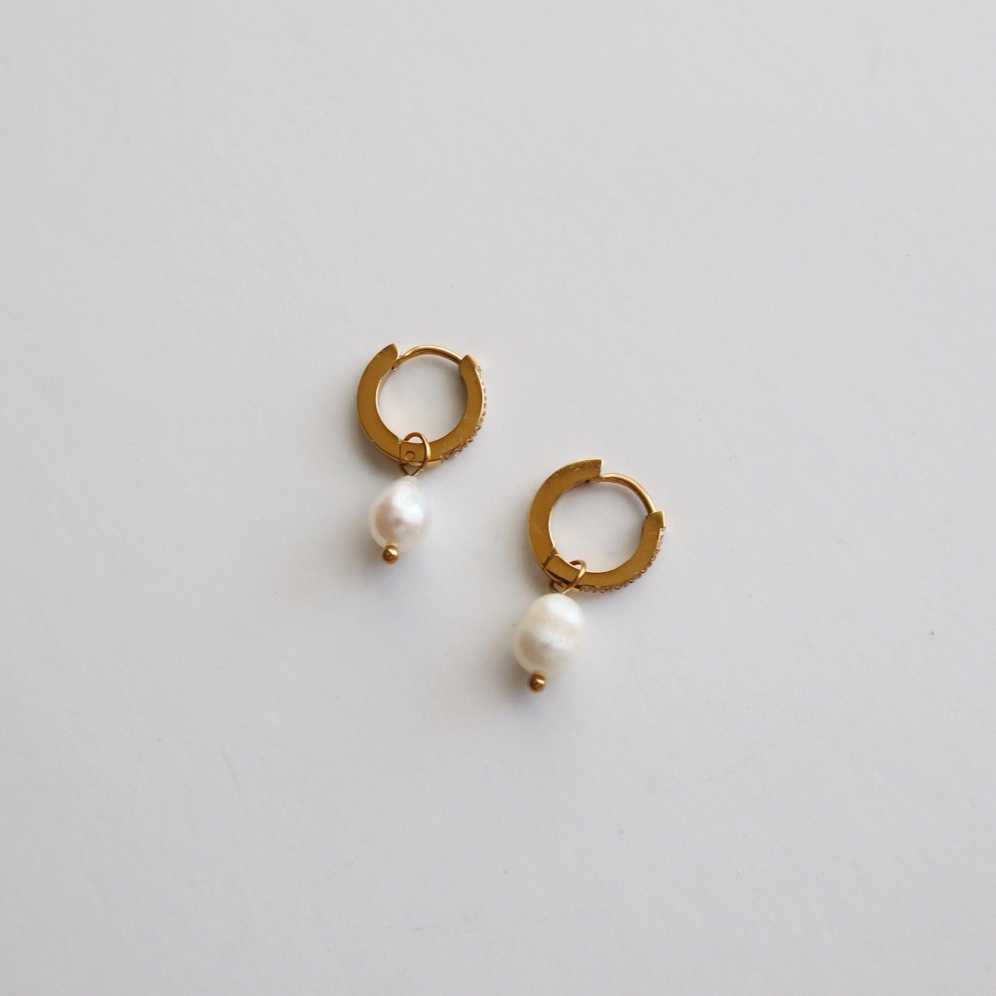 CZ Huggies with Pearl Drop - JESSA JEWELRY | GOLD JEWELRY; dainty, affordable gold everyday jewelry. Tarnish free, water-resistant, hypoallergenic. Jewelry for everyday wear