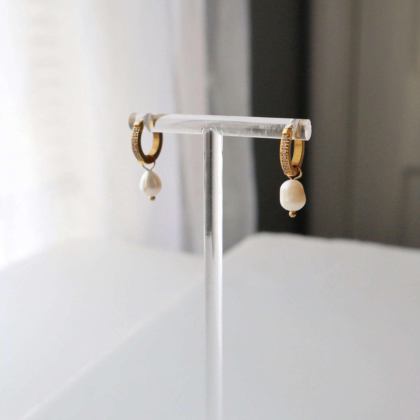 CZ Huggies with Pearl Drop - JESSA JEWELRY | GOLD JEWELRY; dainty, affordable gold everyday jewelry. Tarnish free, water-resistant, hypoallergenic. Jewelry for everyday wear