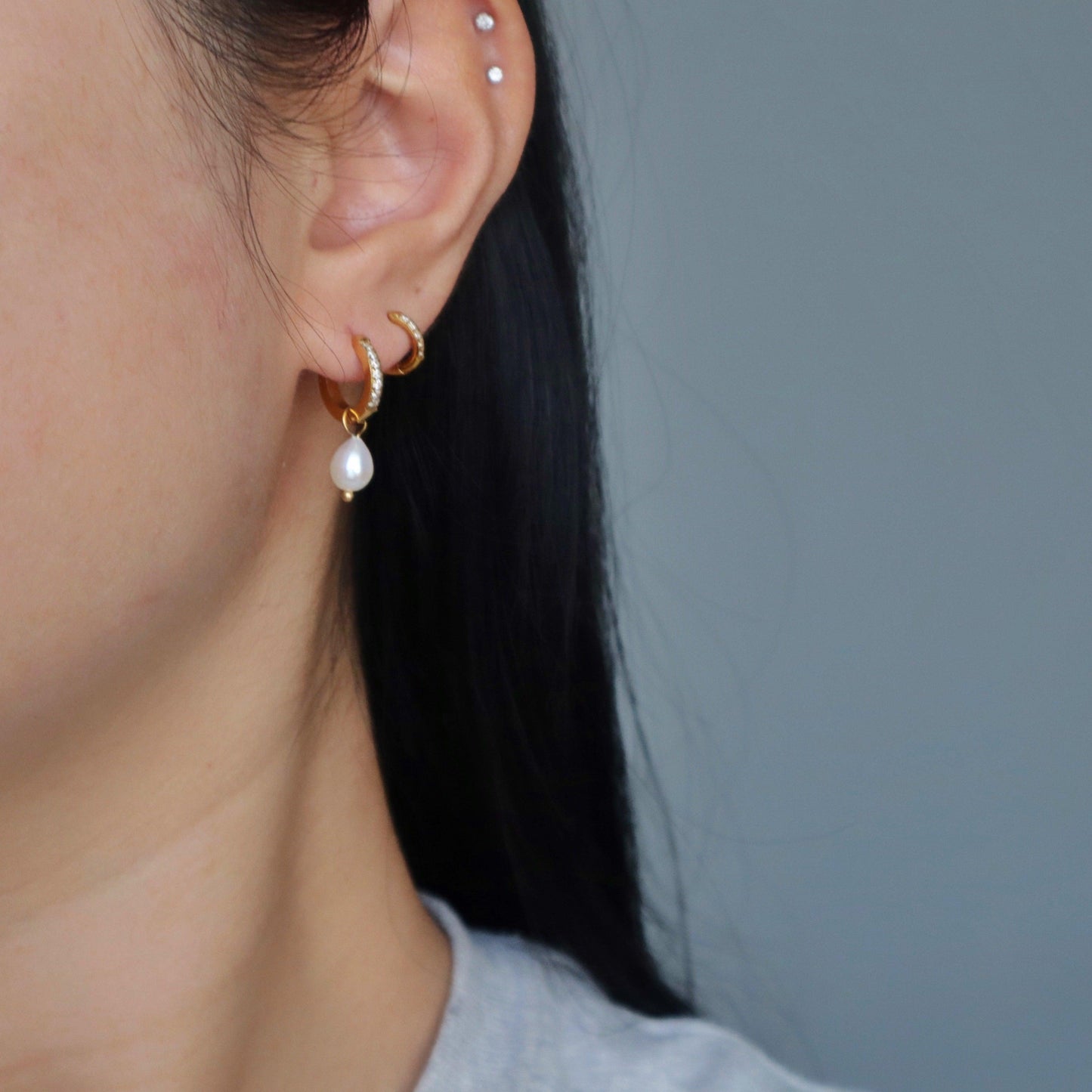 CZ Huggies with Pearl Drop - JESSA JEWELRY | GOLD JEWELRY; dainty, affordable gold everyday jewelry. Tarnish free, water-resistant, hypoallergenic. Jewelry for everyday wear
