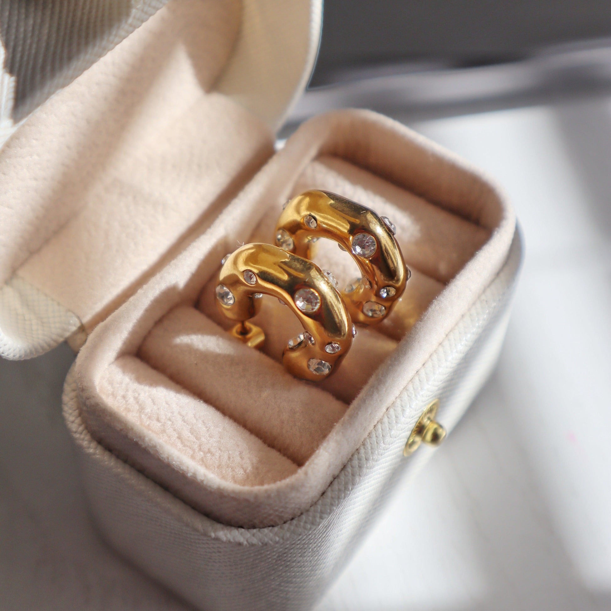 Dazzle Hoops | CZ Chunky Hoops - JESSA JEWELRY | GOLD JEWELRY; dainty, affordable gold everyday jewelry. Tarnish free, water-resistant, hypoallergenic. Jewelry for everyday wear