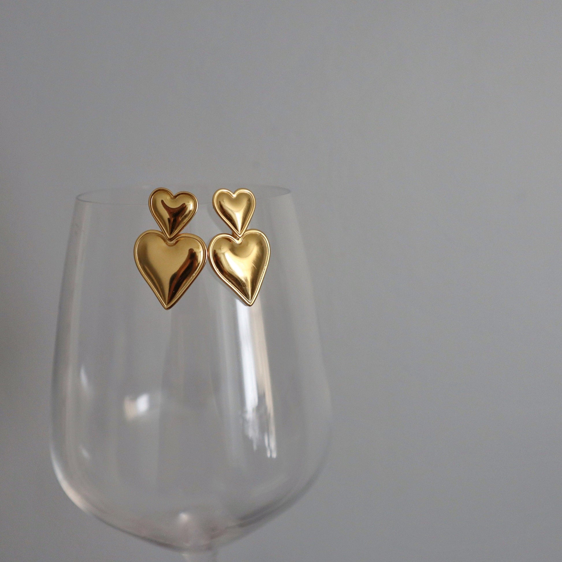 Double Heart Drop Earrings - JESSA JEWELRY | GOLD JEWELRY; dainty, affordable gold everyday jewelry. Tarnish free, water-resistant, hypoallergenic. Jewelry for everyday wear