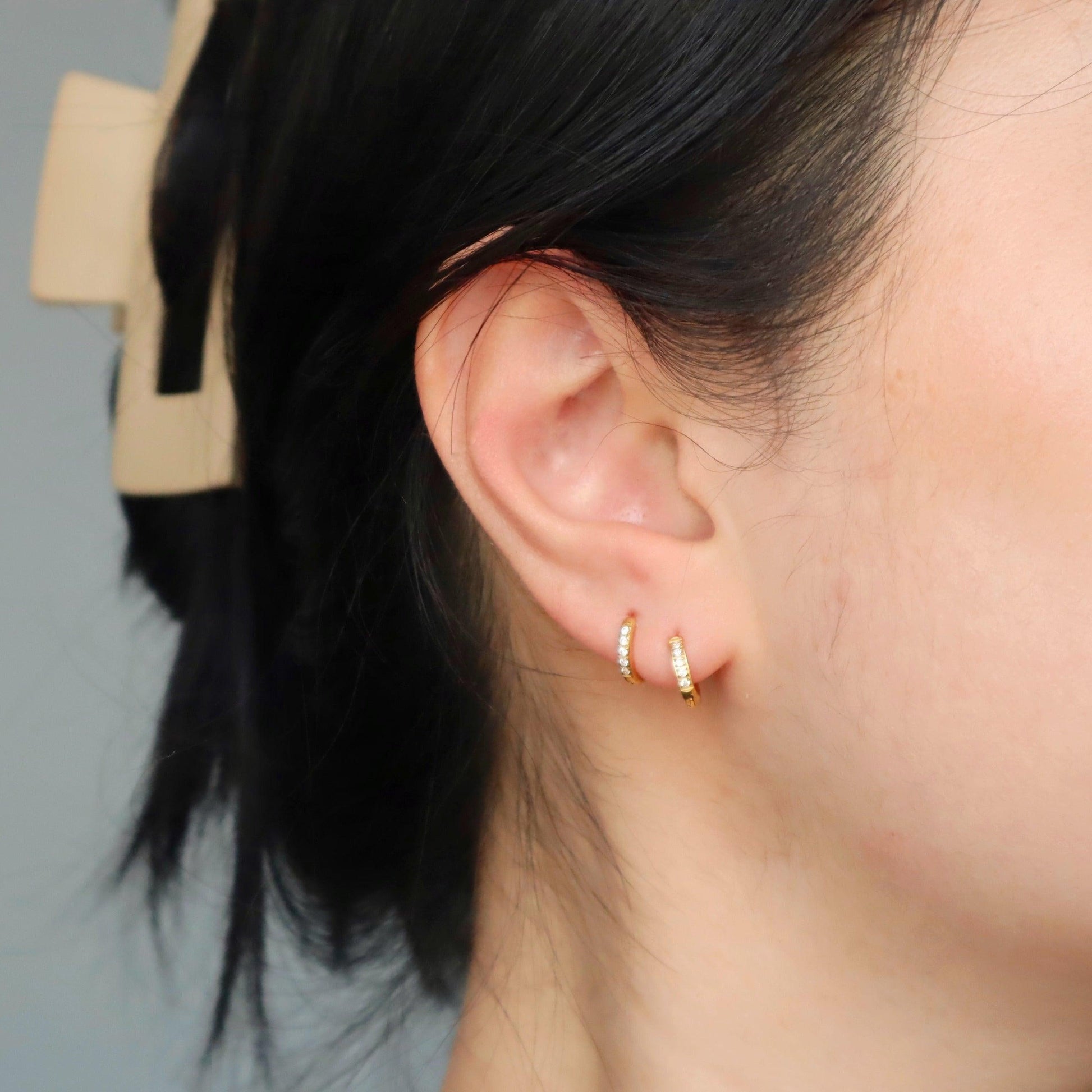 Hailey Huggies | Dainty CZ Huggies - JESSA JEWELRY | GOLD JEWELRY; dainty, affordable gold everyday jewelry. Tarnish free, water-resistant, hypoallergenic. Jewelry for everyday wear