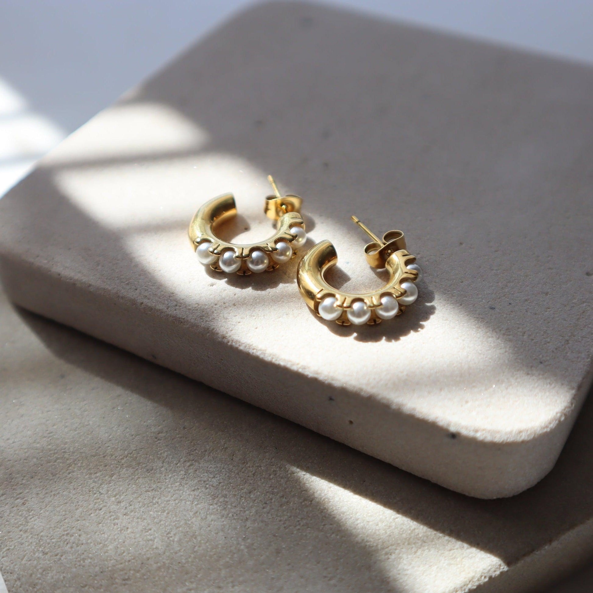 Nori Hoops | Pearl Hoop Earrings - JESSA JEWELRY | GOLD JEWELRY; dainty, affordable gold everyday jewelry. Tarnish free, water-resistant, hypoallergenic. Jewelry for everyday wear
